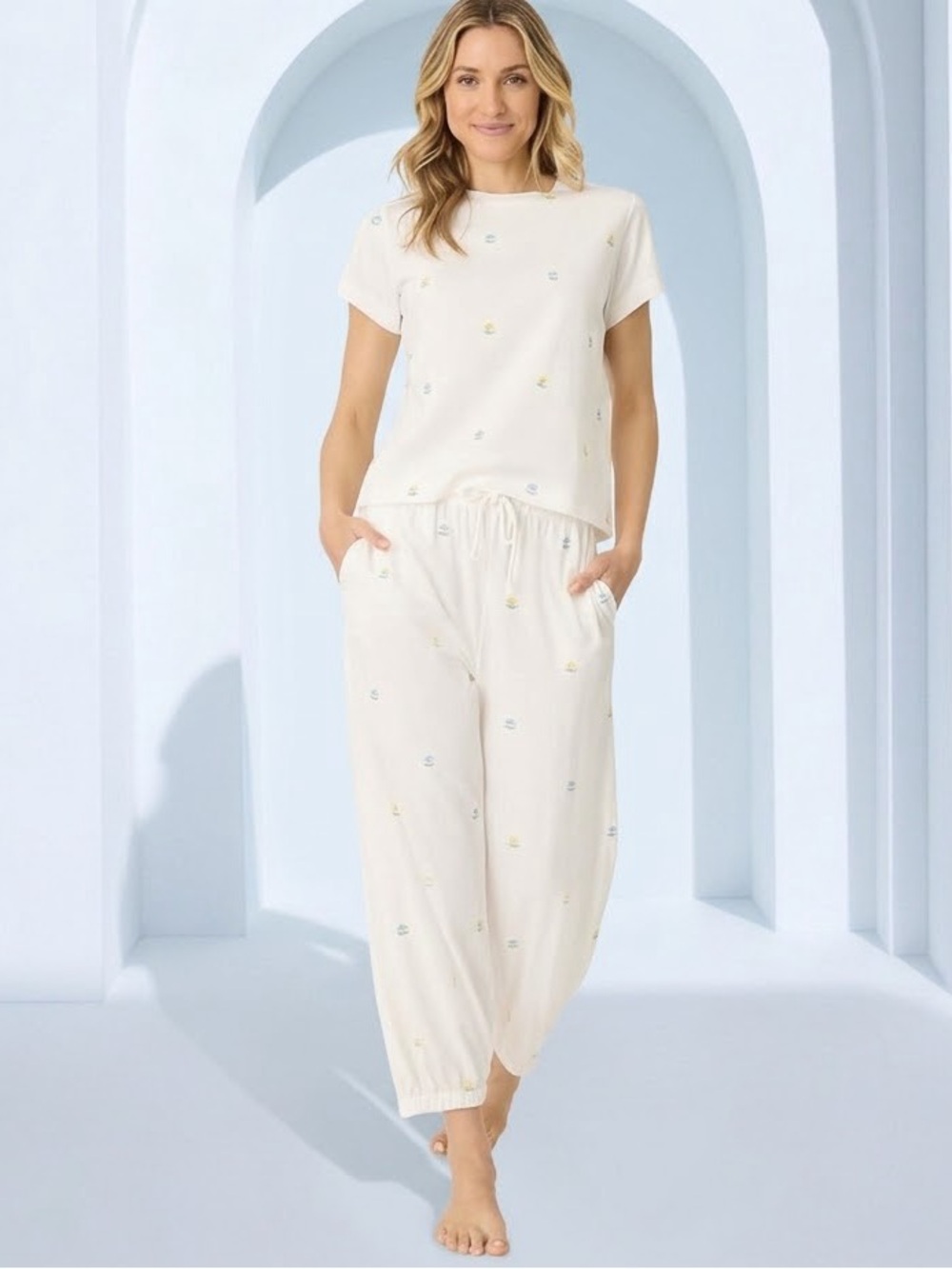 PJ Salvage Dainty Daisy Embroidered Pajama Set Ivory Medium